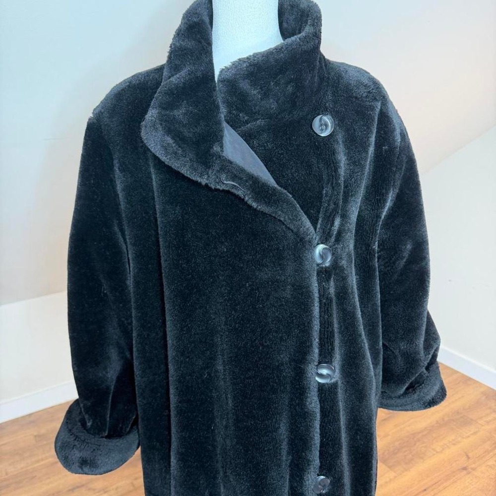 Reversible Black Faux Fur Maxi Coat Mob Wife Quiet Luxury Winter Glam Party Cozy - Picture 8 of 8